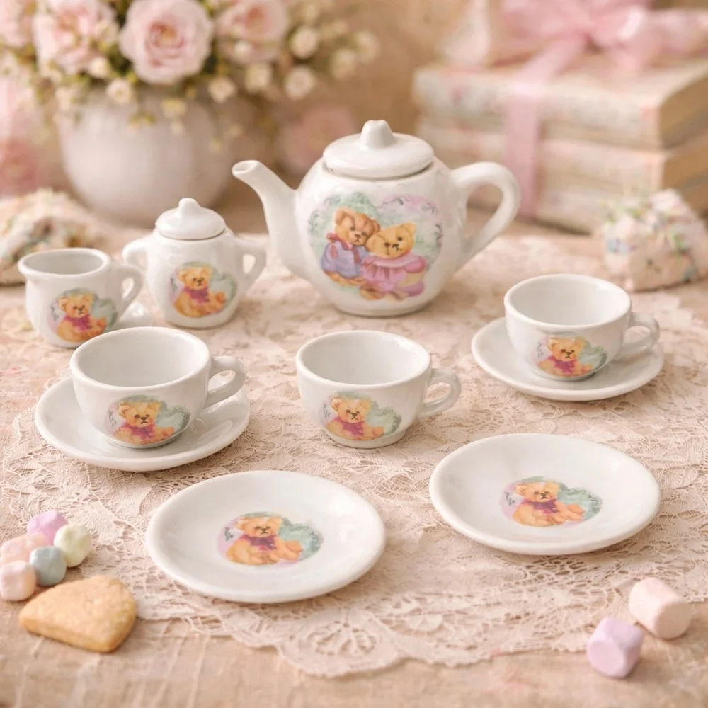 VINTAGE 1991 MINI PORCELAIN TEA SET TEDDY BEARS 12 Pieces Cups Saucers‎